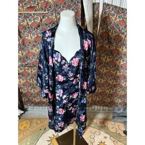 Kathryn Navy Floral Satin Kimono Robe & Nightgown Set‎ Lingerie large